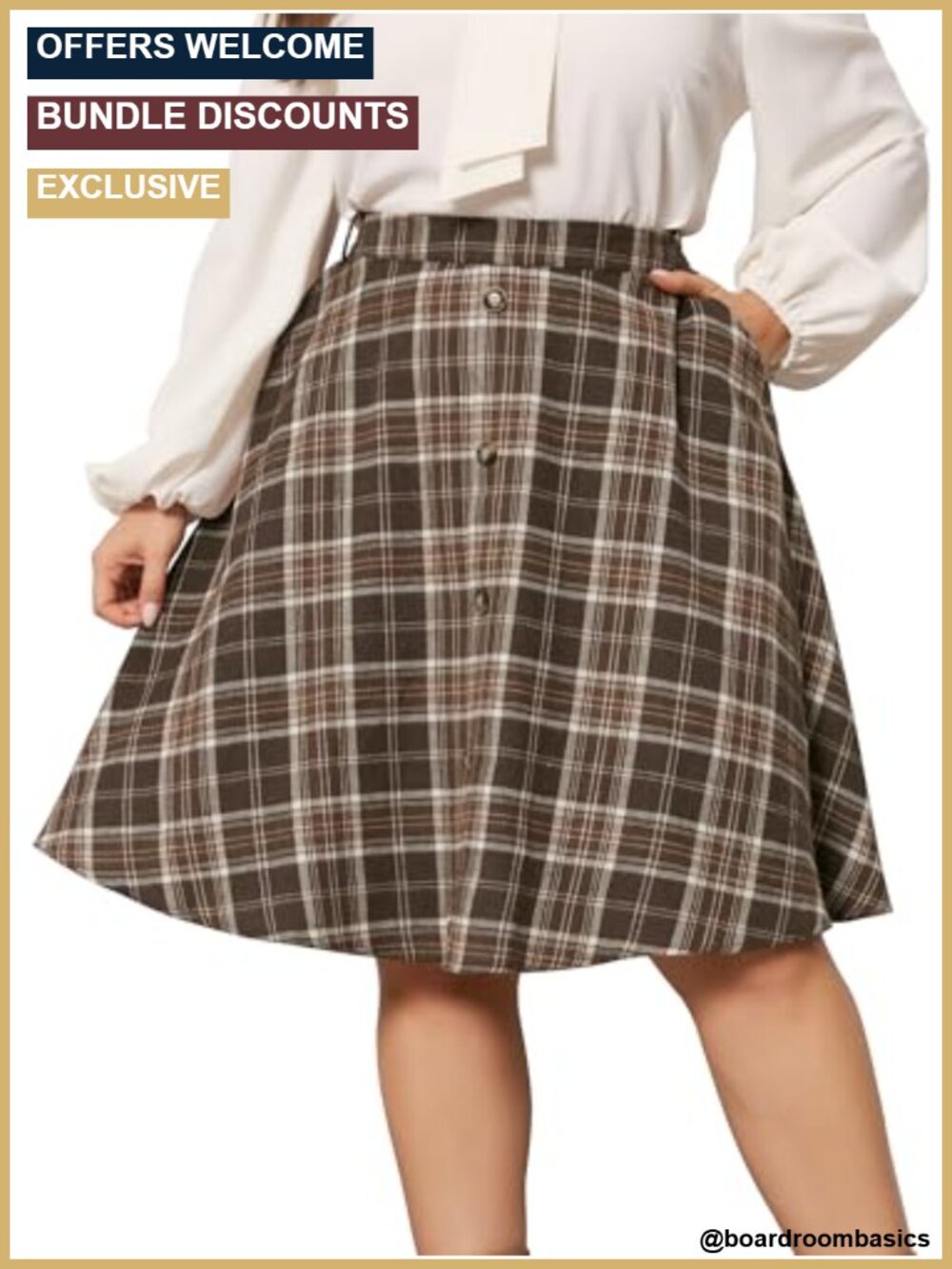 Plus Size Plaid Midi Skirt A-Line Elastic Waist Button Front Pockets